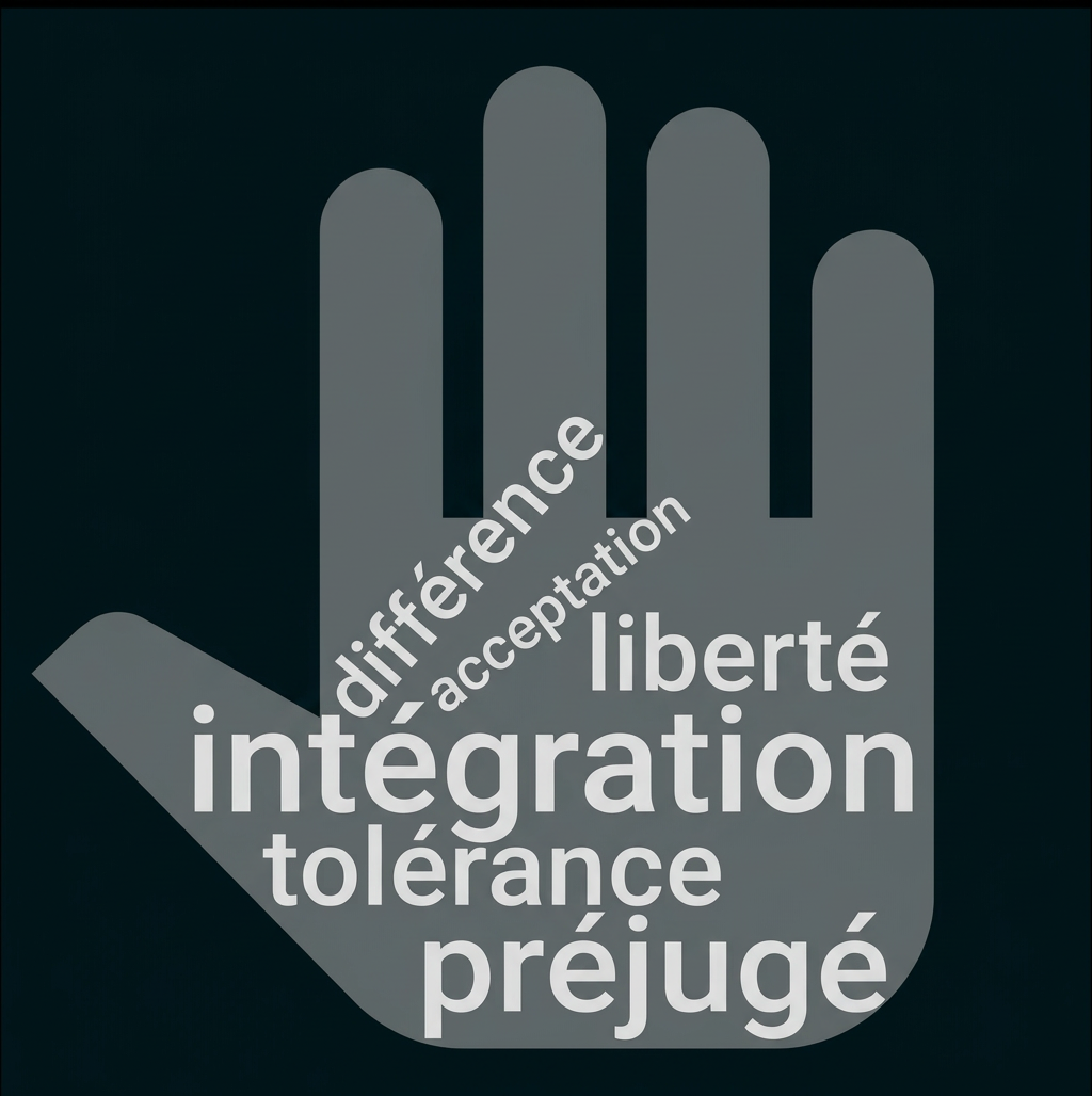 Graue Hand mit französischen Begriffen zu Integration, Toleranz und Vorurteilen.
